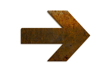 Arrow sign directional symbol made of 3D rusty metal grungy texture and isolated on seamless white...