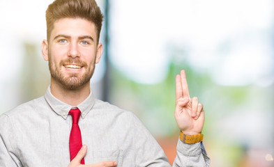 Young handsome business man Swearing with hand on chest and fingers, making a loyalty promise oath