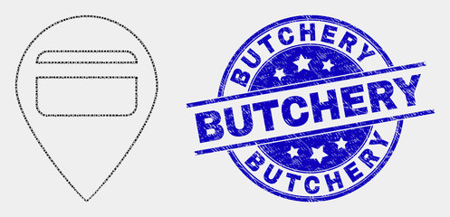 Dotted bank card pointer mosaic icon and Butchery seal. Blue vector round grunge stamp with Butchery phrase. Vector composition in flat style.