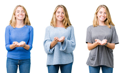 Collage of beautiful blonde woman over white isolated background Smiling with hands palms together...