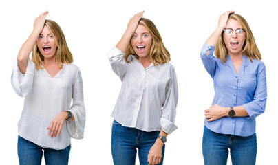 Collage of beautiful blonde business woman over white isolated background surprised with hand on...