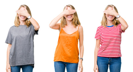 Collage of beautiful blonde woman over white isolated background smiling and laughing with hand on face covering eyes for surprise. Blind concept.