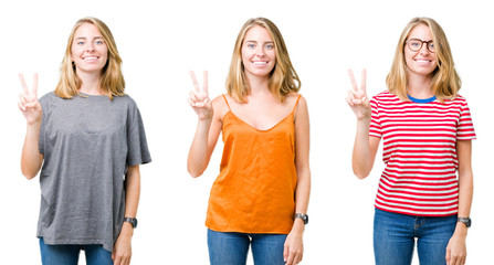 Obraz premium Collage of beautiful blonde woman over white isolated background showing and pointing up with fingers number two while smiling confident and happy.