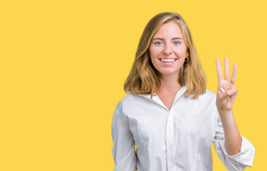 Beautiful young business woman over isolated background showing and pointing up with fingers number three while smiling confident and happy.