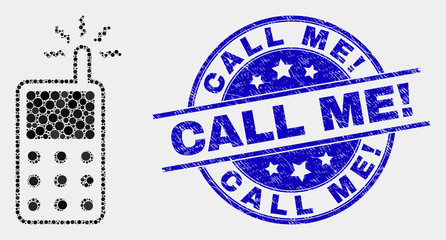 Dotted cell phone mosaic icon and Call Me! seal stamp. Blue vector rounded distress seal stamp with Call Me! title. Vector combination in flat style.