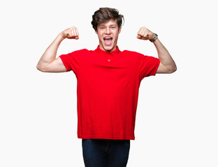 Young handsome man wearing red t-shirt over isolated background showing arms muscles smiling proud. Fitness concept.