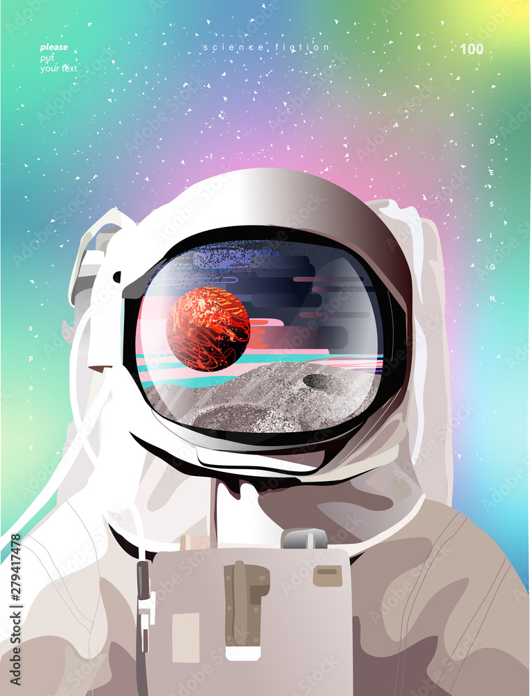 Wall mural vector illustration of a portrait of an astronaut in a spacesuit in space with planets, gradient abs