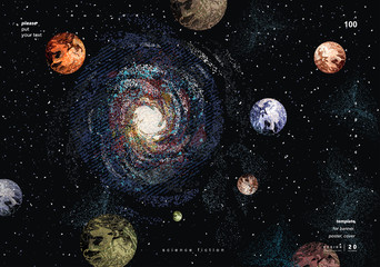 Vector abstract illustration of a galaxy and space with planets earth and mars. A drawing of a night starry sky for a pattern, background or texture. © Ardea-studio