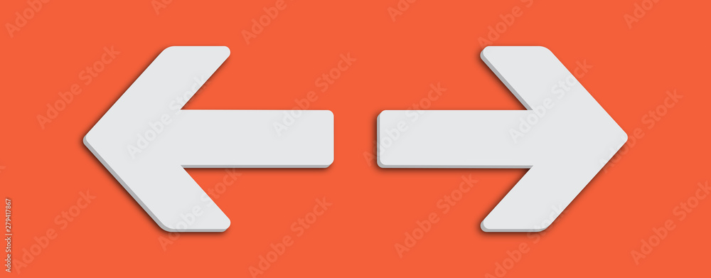 Poster white arrow sign symbol opposing directional arrows right and left in minimalist white grey color 3d