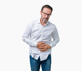 Handsome middle age elegant senior business man wearing glasses over isolated background with hand...