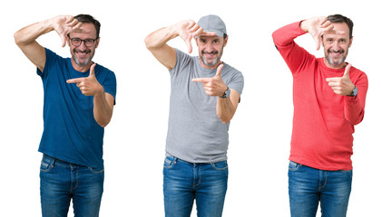 Collage of handsome senior man over white isolated background smiling making frame with hands and fingers with happy face. Creativity and photography concept.