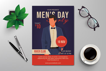 international men's day party flyer template vector, retro design with man cartoon icon character