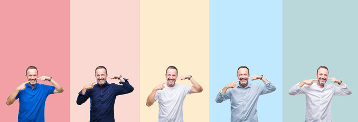 Collage of senior hoary handsome man over colorful stripes isolated background smiling confident showing and pointing with fingers teeth and mouth. Health concept.