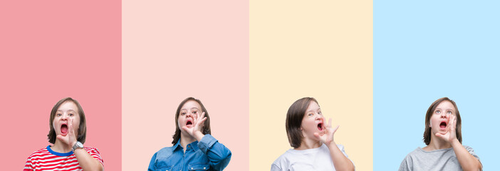 Collage of down syndrome woman over colorful stripes isolated background shouting and screaming loud to side with hand on mouth. Communication concept.