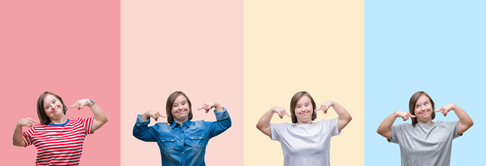 Collage of down syndrome woman over colorful stripes isolated background smiling confident showing and pointing with fingers teeth and mouth. Health concept.