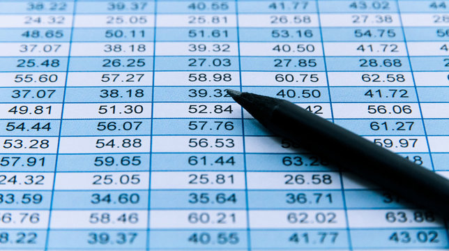 Black pencil macro over a financial spreadsheet numerical data table with columns detailing increasing numbers per column and row. Concept for accounting, budget, profit and financial review.