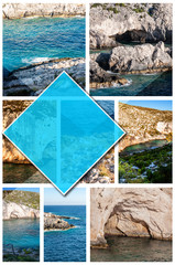 Collage photos Zakynthos Island - Greece, in the 2:3 vertical format. A pearl of the Mediterranean with beaches and coasts suitable for unforgettable sea holidays. Limnionas Beach.