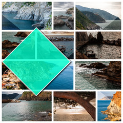Collage photos of Cinque Terre, Italy, in 1:1 format. The sea of the beautiful seaside resort and fishermen, a popular tourist destination for beach holidays and monitoring in unspoiled nature.