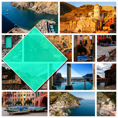 Collage photos of Cinque Terre, Italy, in 1:1 format. Vernazza, a beautiful seaside town and fishermen, a popular tourist destination for beach holidays and monitoring in unspoiled nature.