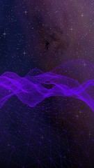 Abstract ultraviolet landscape on a dark background. Purple cyberspace grid. hi tech network. Outer space. Violet starry outer space texture. Vertical image orientation. 3D illustration