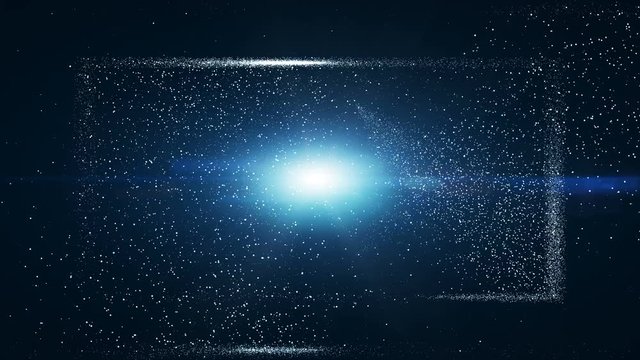 Glow blue dust particle in square box, explosion blue light ray beam.