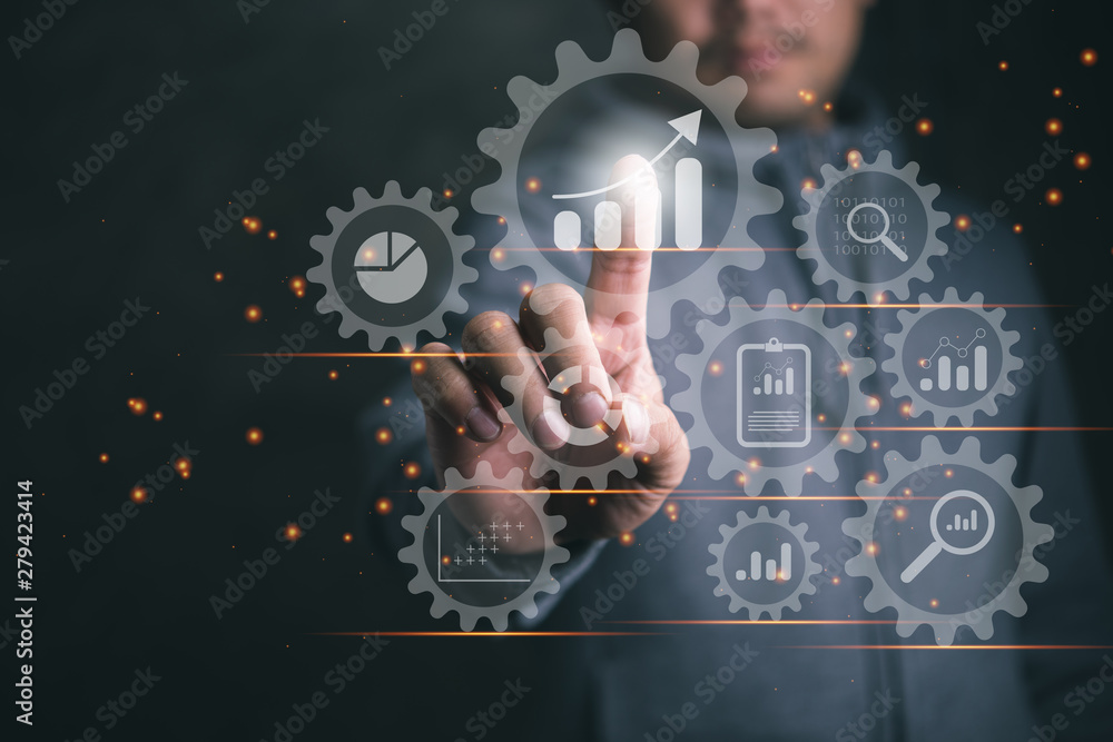 Poster Business data analytics process management with a consultant touching connected gear cogs with KPI financial charts and graph, automated marketing dashboard