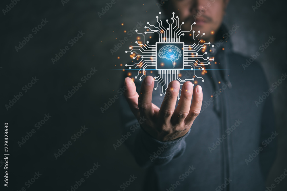 Aufkleber Future technology virtual screen interface. Hand businessman holding screen interface AI (Artificial Intelligence) concept.