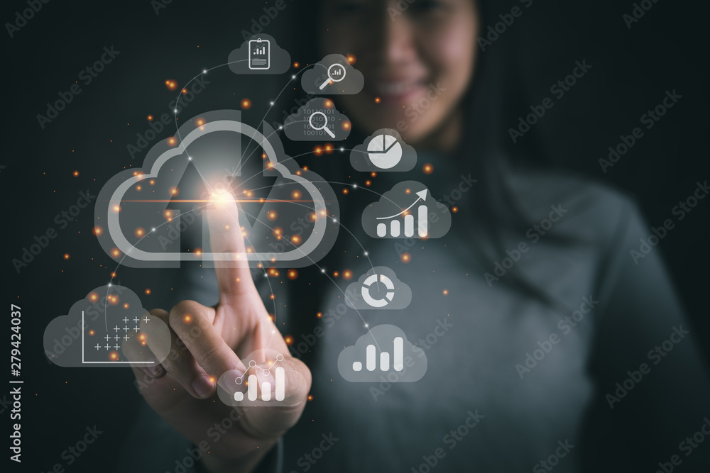 Aufkleber Big data analytics and business intelligence concept with chart and graph icons on a digital screen interface and a businesswoman in background
