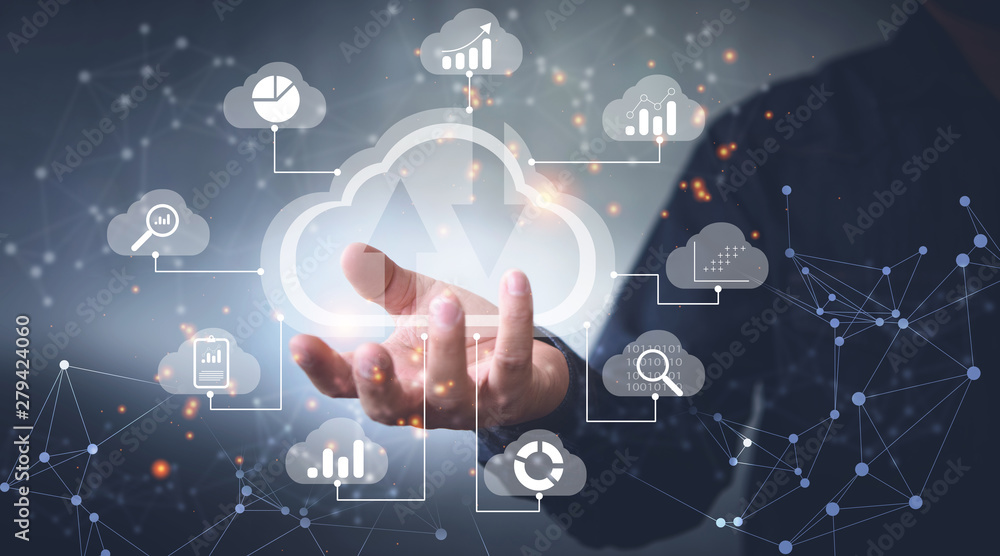 Aufkleber Big data analytics and business intelligence concept with chart and graph icons on a digital screen interface and a businessman in background