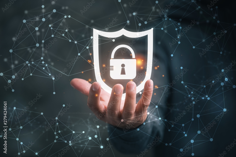 Poster man holding virtual icon shield with a lock symbol, concept about security, cybersecurity and protec