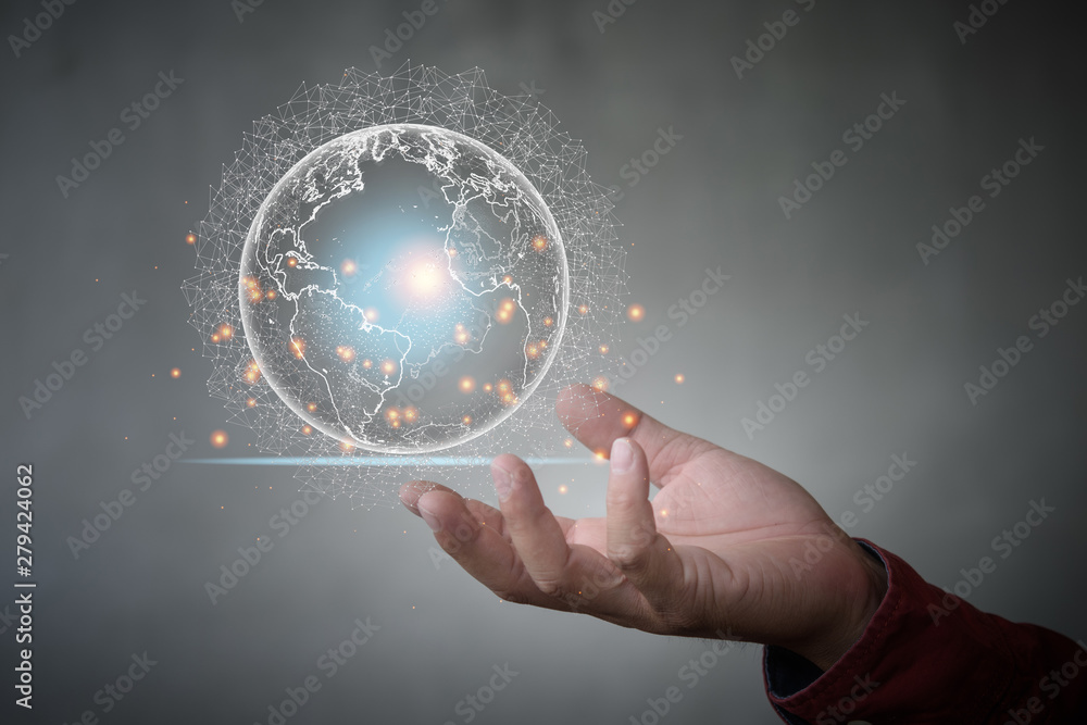 Poster businessman holding global network and data exchanges over the world.