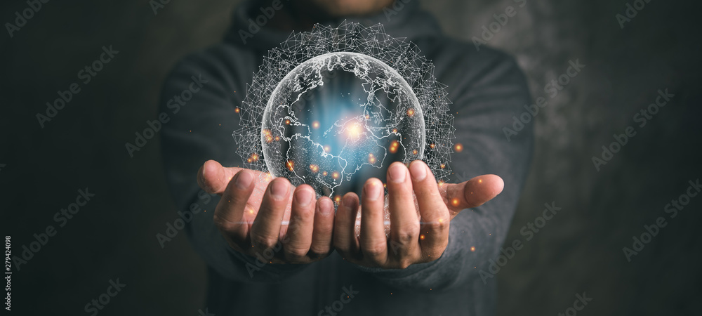 Poster businessman holding global network and data exchanges over the world.