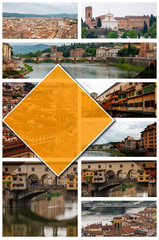 Collage photos of Florence, Italy, in 2:3 format. UNESCO heritage and seat of the Italian Renaissance, rich in famous monuments and works of art. Arno river and "Ponte Vecchio"..