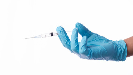 Hand with vaccine on white background.