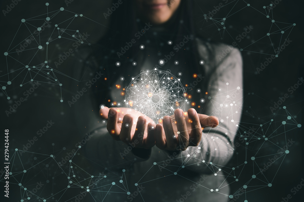 Poster woman holding circle global network connection and data exchanges worldwide on work place background