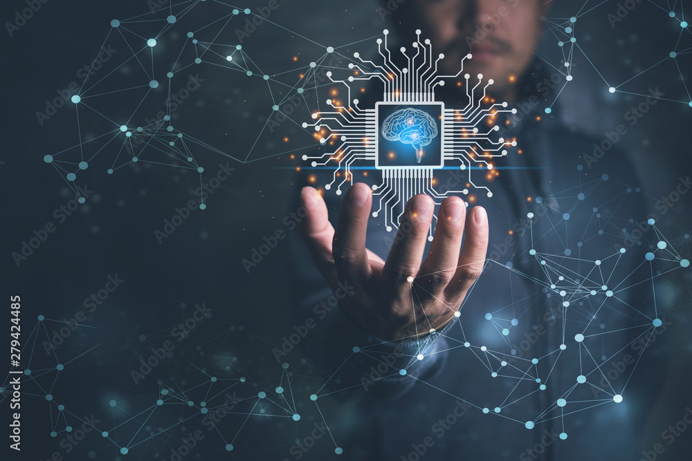 Aufkleber future technology virtual screen interface. hand businessman holding screen interface ai (artificial