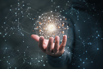 man holding circle global network connection and data exchanges worldwide on work place background,...