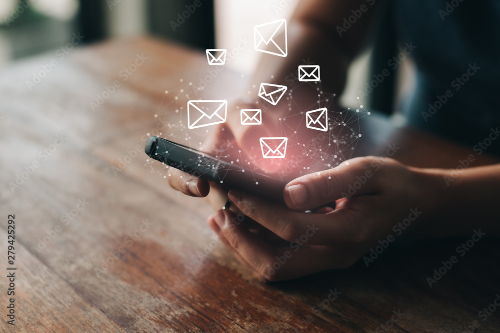 Poster Messages icons on virtual screen. Communication concept.hand using phone with email icon, Email concept