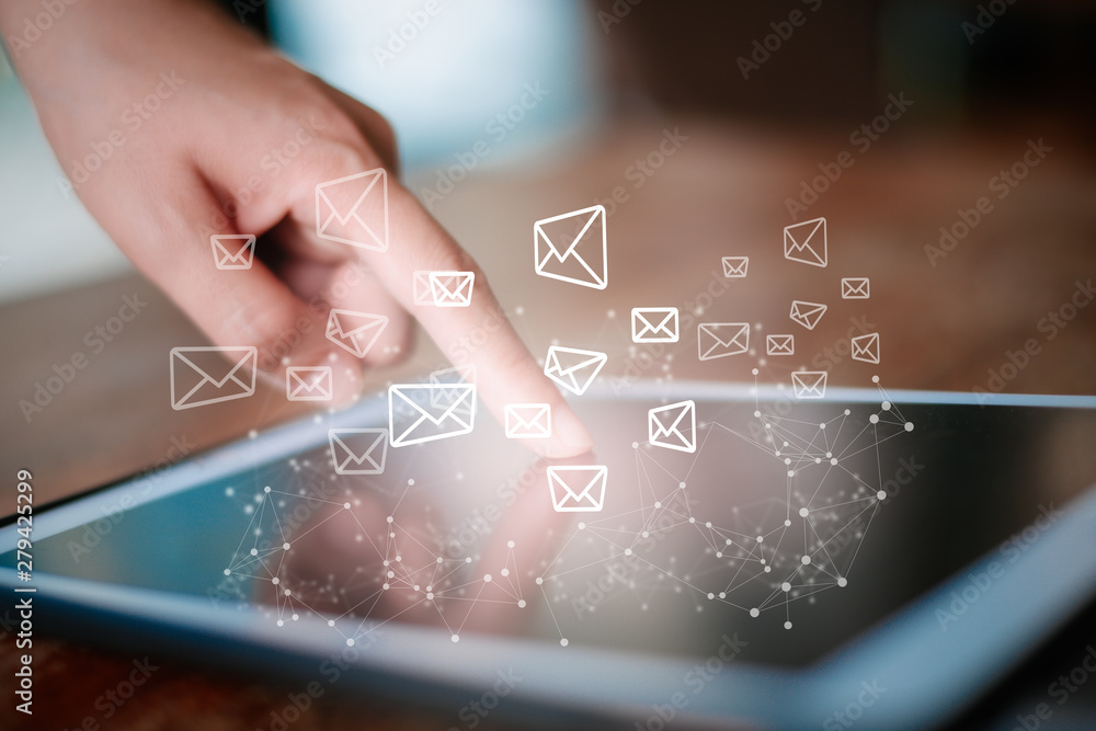 Poster Messages icons on virtual screen. Communication concept.hand using phone with email icon, Email concept