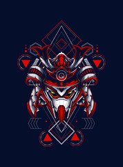 head robot mecha head samurai logo illustration with sacred geometry pattern as teh background