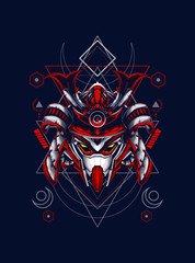 head robot mecha head samurai logo illustration with sacred geometry pattern as teh background