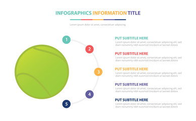 tennis infographic template concept with five points list and various color with clean modern white background - vector
