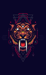 saber tooth tiger head logo illustration with sacred geometry pattern as the background