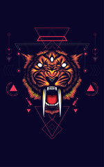 saber tooth tiger head logo illustration with sacred geometry pattern as the background