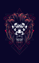 wild lion head logo illustration with sacred geometry pattern as the background