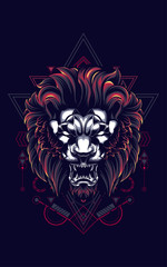 wild lion head logo illustration with sacred geometry pattern as the background