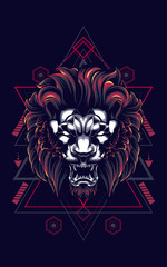 wild lion head logo illustration with sacred geometry pattern as the background