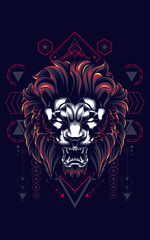 wild lion head logo illustration with sacred geometry pattern as the background