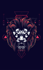 wild lion head logo illustration with sacred geometry pattern as the background