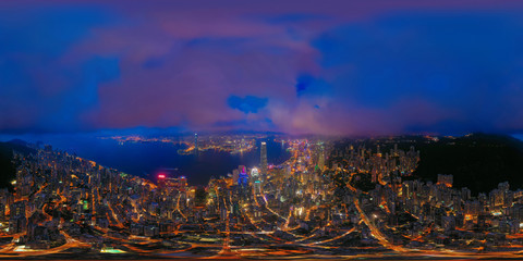 360 panorama by 180 degrees angle seamless panorama view of aerial view of Hong Kong Downtown....